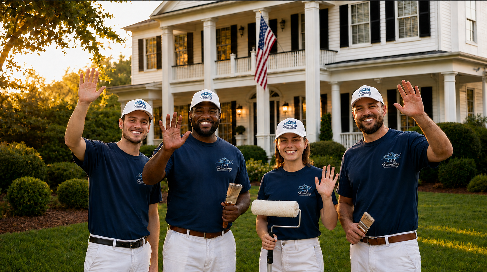 A & A Painting crew in front of a freshly painted home