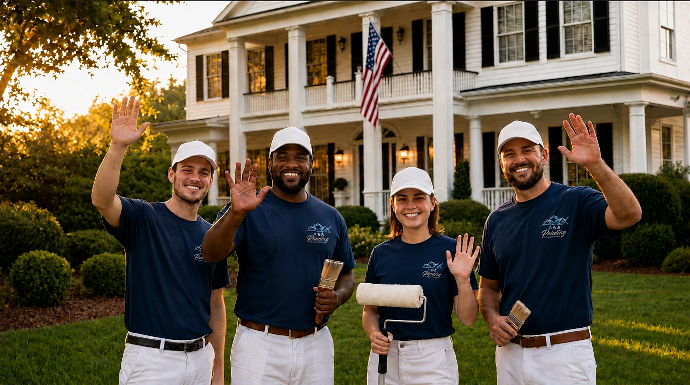 A & A Painting crew in front of a freshly painted home